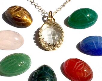 Custom Jewelry Scarab Pendant, Solid 14K Gold Bezel, Choose Your Vintage Gemstone Beetle