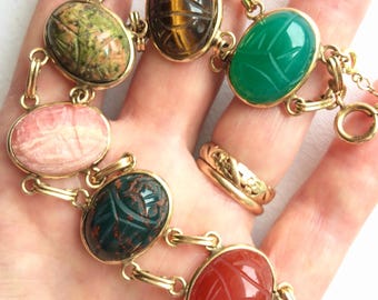 Scarab Bracelet, Egyptian Revival Gold Filled Gorgeous Scarab Jewelry
