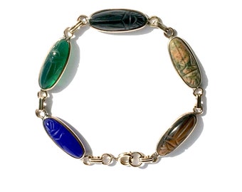 Gold Filled Gemstone Egyptian Bracelet with Carved Scarabs