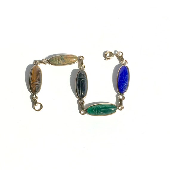 Gold Filled Gemstone Egyptian Bracelet with Carve… - image 9