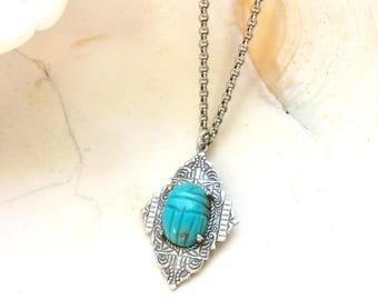 Turquoise Scarab Handmade Necklace, Silver Jewelry, Art Deco Revial