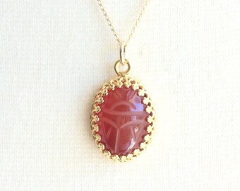 Carnelian Pendant Necklace, Scarab Gold Filled Jewelry