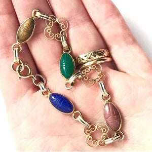 Vintage Jewelry Colorful Gold Filled Scarab Bracelet, Dainty Jewelry with Gemstone and Gold Filigree Links immagine 1