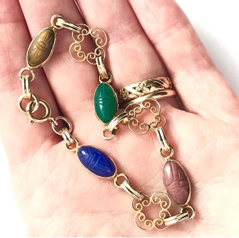 Vintage Jewelry Colorful Gold Filled Scarab Bracelet, Dainty Jewelry with Gemstone and Gold Filigree Links immagine 1