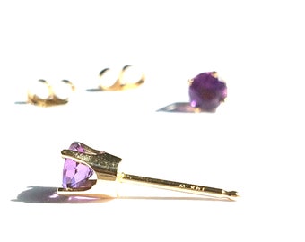 Gold Studs, Amethyst Gemstone Dainty Earrings, Fine Jewelry