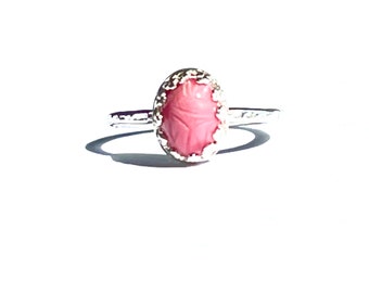 Scarab Jewelry Rhodonite Stacking Ring, Sterling Silver Dainty Jewelry