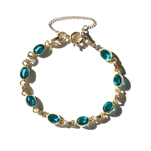 Simulated Tourmaline Bracelet 12K Gold Filled Oval Faceted Glass 1960s Vintage Jewelry