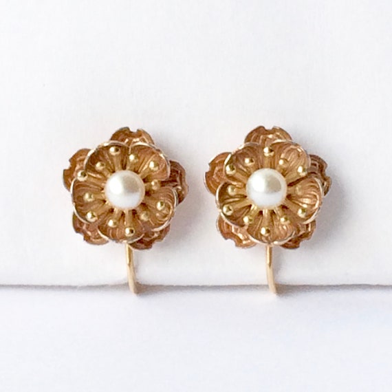 Vintage Pearl Flower Earrings, Gold Filled Jewelr… - image 2