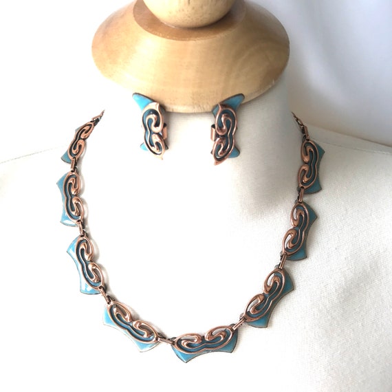 Copper and Sky Blue Enamel Choker with Earrings b… - image 7