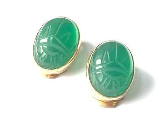 Gemstone Scarab Earrings, Gold Filled Jewelry, Green Chalcedony Vintage Earrings