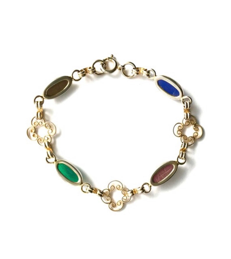 Vintage Jewelry Colorful Gold Filled Scarab Bracelet, Dainty Jewelry with Gemstone and Gold Filigree Links immagine 5