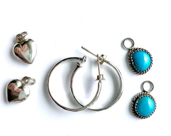 Hoop Earrings Gift for Her Sterling Silver Southwestern Jewelry Turquoise Heart Earring Charms Vintage Earrings
