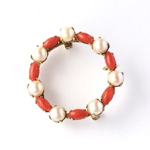Gemstone Gold Filled Jewelry Brooch, Genuine Coral and Pearl Pendant