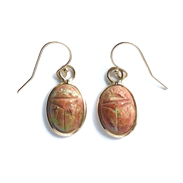 Vintage Gemstone Earrings, Gold Filled Jewelry with Semi Precious Scarabs of Unakite