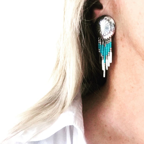 Vintage Turquoise Jewelry Beaded Long Dangle Earr… - image 2