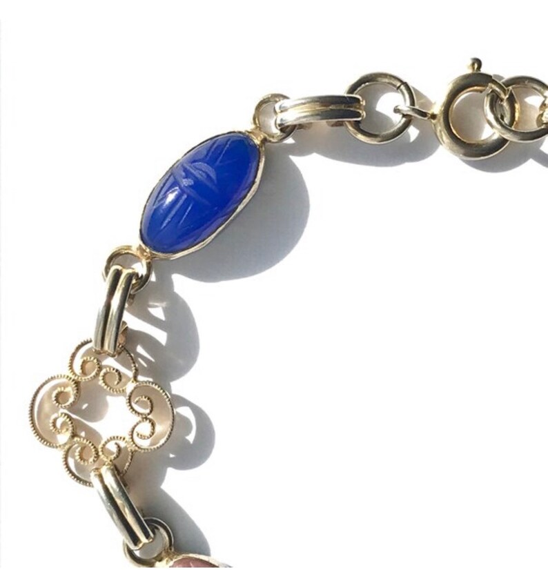 Vintage Jewelry Colorful Gold Filled Scarab Bracelet, Dainty Jewelry with Gemstone and Gold Filigree Links immagine 3