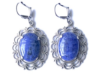Sodalite Handmade Earrings, Vintage Jewelry Scarabs in Sterling Silver