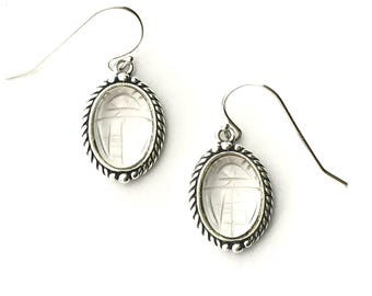 Scarab Gemstone Earrings Vintage Clear Quartz in Sterling Silver