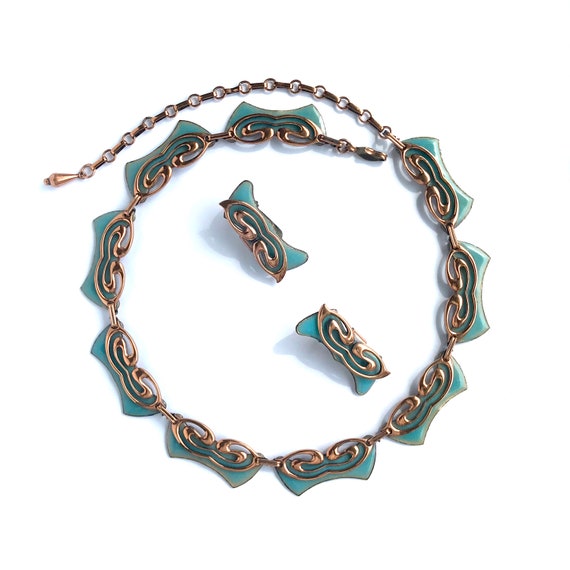 Copper and Sky Blue Enamel Choker with Earrings b… - image 8