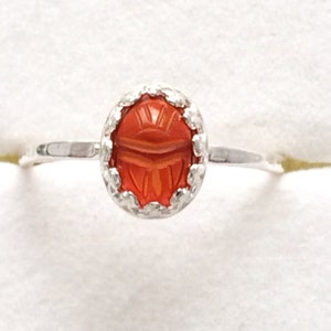 Carnelian Sterling Silver Ring with Stacking Scarab, Gemstone Jewelry