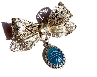 Vintage Bow Brooch, Silver Jewelry in Filigree with Scarab Charm