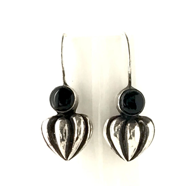 Vintage Silver Dangle Earrings, Bezel Set Black Onyx Cabochons, French Wires