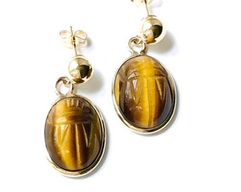 Gold Filled Tigers Eye Gemstone Earrings, Scarab Jewelry