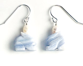 Blue Lace Agate Rabbit Earrings, Fresh Water Pearl, Sterling Silver