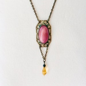 Antiqued Bronze Pendant Necklace, Vintage 1930s Glass Pendant, Handmade Necklace