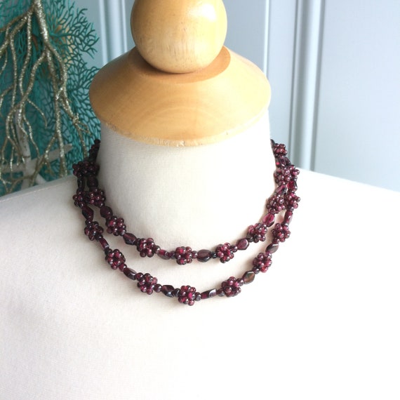 Vintage Beaded Garnet Necklace, Hippie Jewelry, G… - image 2