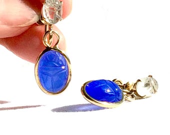 Scarab Gold Filled Earrings, Egyptian Revival Jewelry with Blue Chalcedony Scarab Gemstones