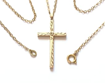 Gold Filled Vintage Cross Necklace, Gold Filled Engraved Catholic Jewelry Gift for Her