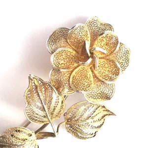 Filigree Vintage Brooch, Intricate Rose Pin, Gold Gilt over Silver
