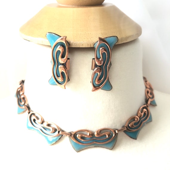 Copper and Sky Blue Enamel Choker with Earrings b… - image 2