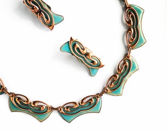 Copper and Sky Blue Enamel Choker with Earrings by MATISSE