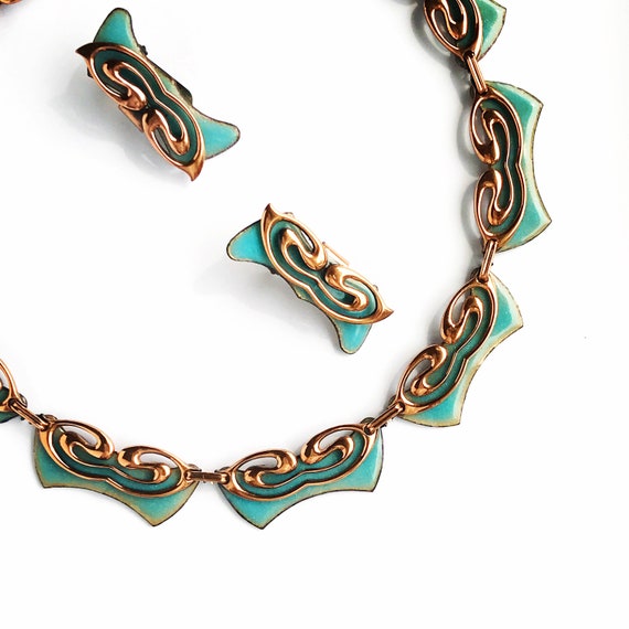 Copper and Sky Blue Enamel Choker with Earrings b… - image 1