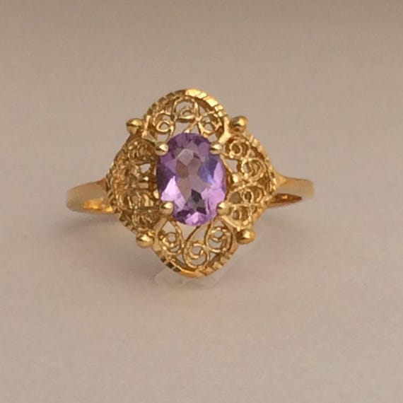 Gold Ring Amethyst in 14K Filigree, Vintage Gemst… - image 6