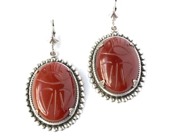 Large Earrings Carnelian Vintage Scarabs, Lever Back Earrings in Silver