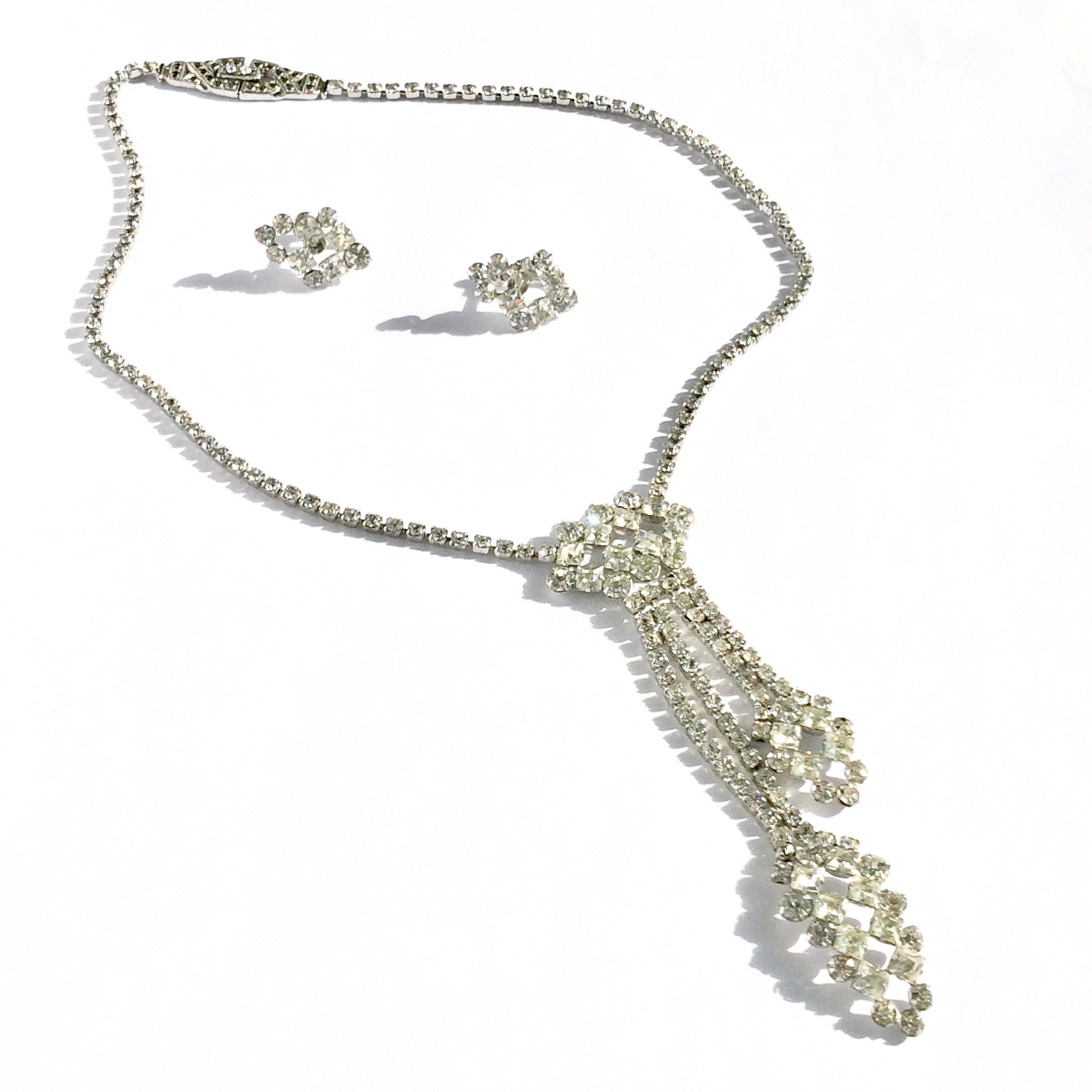 1940s Sterling Silver Jewelry for Bride, Rhinestone Lariat Necklace and Earrings, Vintage Wedding Jewelry