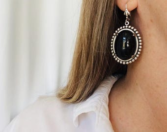 Obsidian Scarab Earrings, Silver Jewelry, Goth Earrings