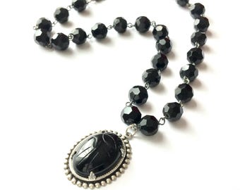 Black Onyx Pendant Necklace Scarab Statement Silver Jewelry