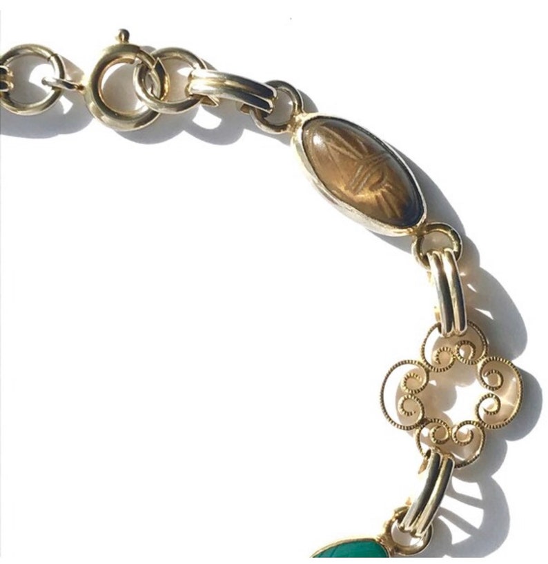 Vintage Jewelry Colorful Gold Filled Scarab Bracelet, Dainty Jewelry with Gemstone and Gold Filigree Links immagine 4