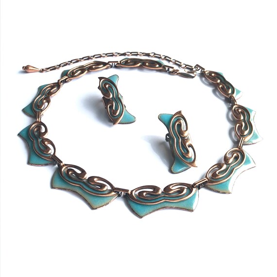 Copper and Sky Blue Enamel Choker with Earrings b… - image 9