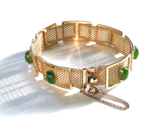 Gold Filled Mesh Bracelet with Panels of Jade Scarabs