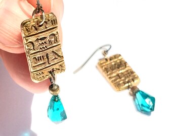 Egyptian Jewelry Drop Bronze Earrings, Handmade with Vintage Blue Glass Pendulums