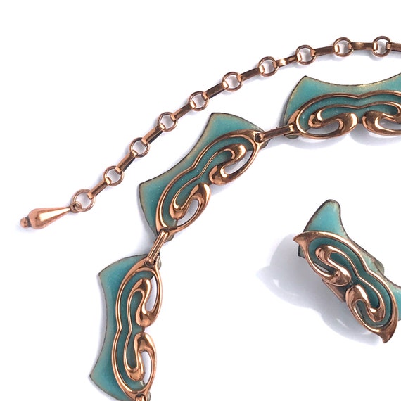 Copper and Sky Blue Enamel Choker with Earrings b… - image 4