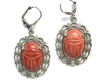 Handmade Earrings Scarabs in Silver Filigree, Red Japser Gemstone Jewelry