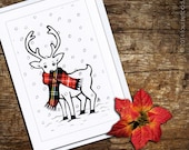 Christmas Card, Tartan Scarf Reindeer Illustration, A7 (74mm x 105mm) or A6 (105mm x 148mm), Blank Notecard / Greeting Card.