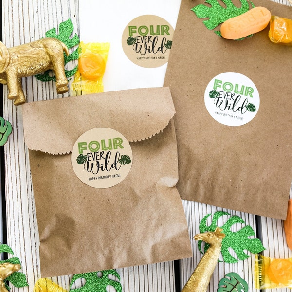 Four Ever Wild Birthday Stickers and Favor Bags | Jungle Party Favor bags and Stickers customized | Safari Party Favors for first Birthday