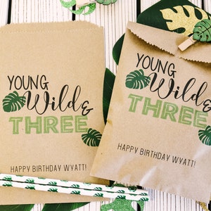 Wild Birthday Party Favor Bags | Treat Bags for Safari Jungle Party | Young Wild and Three Birthday Party Favors and Stickers